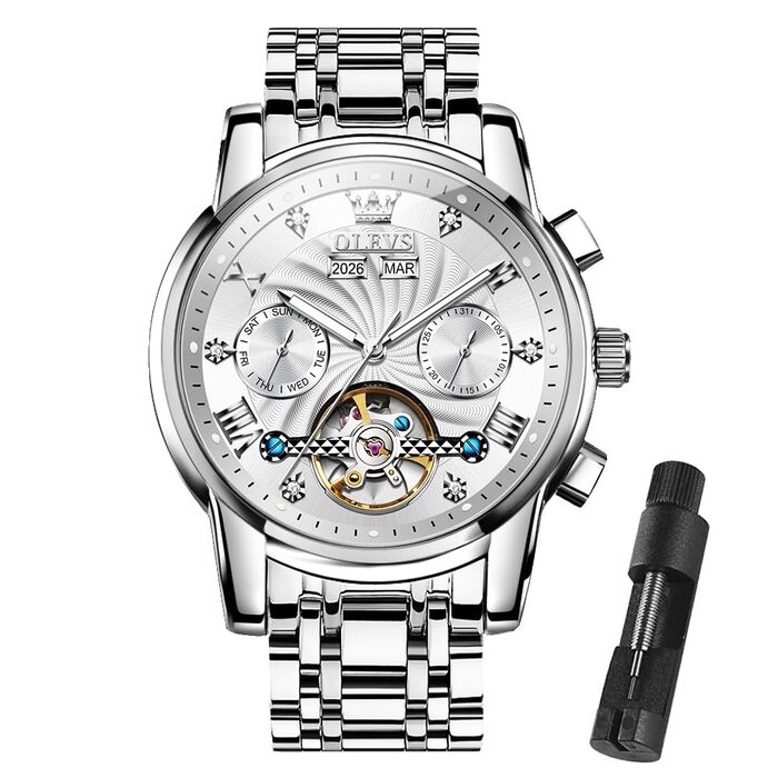 Чоловічий механічний годинник OLEVS з турбійоном та календарем, водонепроникний, зі світлою індикацією (7088, сріблястий)