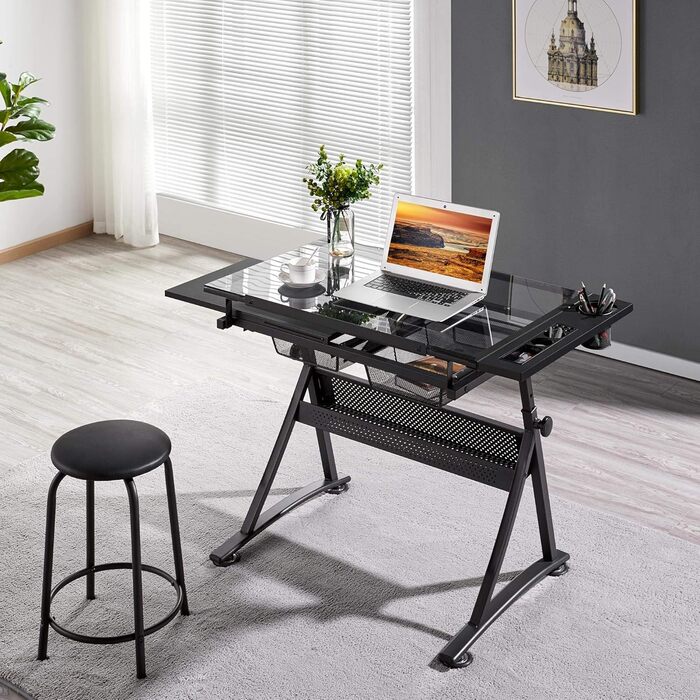 Yaheetech Adjustable Height Drafting Table Set with Tilt-Top, Storage & Stool - Drawing/Art Desk for Artists - Black