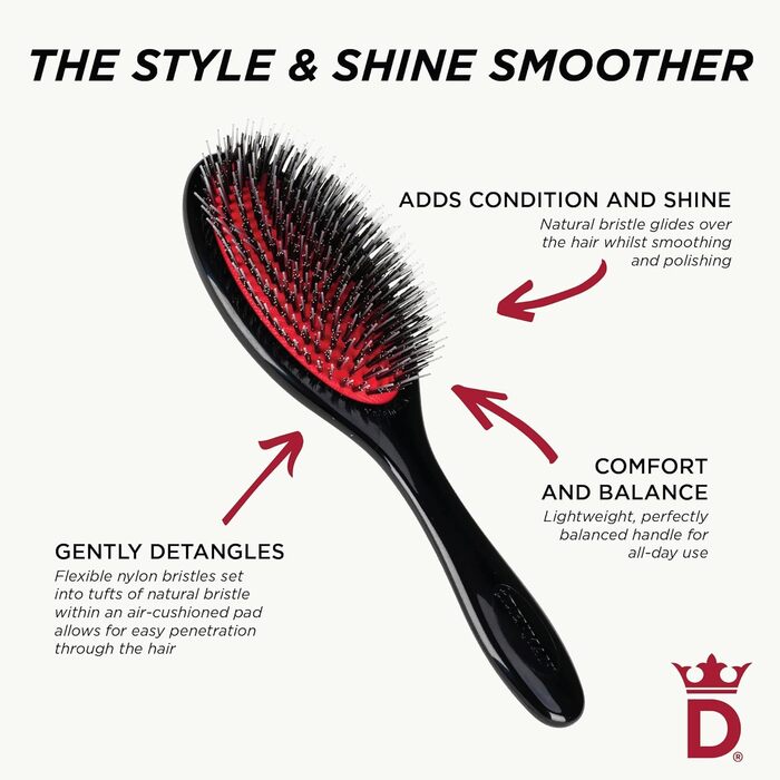 Щітка для волосся Denman Cushion Brush (Medium) з м'якими щетинами нейлону та щетиною кабана - розплутування та блиск, додає блиск волоссю, м'яко розгладжує та розплутує кучері та вибиваючі пасма – чорна, D81M