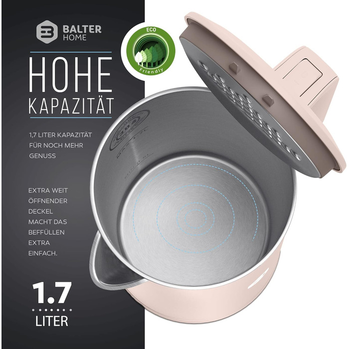 Balter Stainless Steel Kettle WK-4, 1.7 Liter, Electric Kettle, Double-Walled Design, BPA Free, LED, Compact Tea Kettle, Quiet (Black) (Pink)