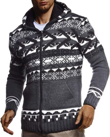 Чоловіча в'язана куртка Leif Nelson з капюшоном, норвезький стиль, чорна зимова куртка, тепла куртка з капюшоном, чоловіча куртка, для святкування Різдва, норвезький візерунок, грубий в'язання, Slim Fit, Розмір: M