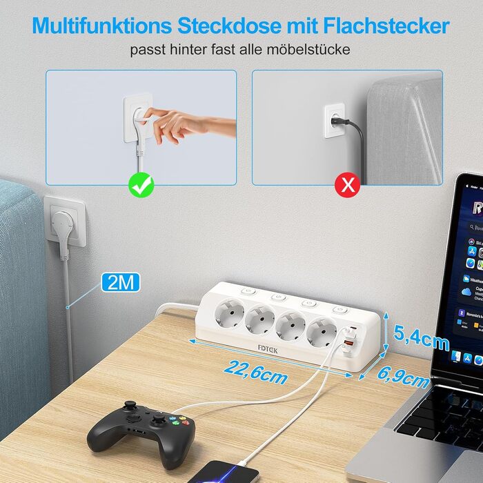 Мережевий адаптер PD 20W з плоским штеплером, розетка FDTEK на 4 слоти з індивідуальним вимикачем, 4000W, 16A, USB-C, розетка для столу з вимикачем, настільна розетка з кабелем 2м (білий)