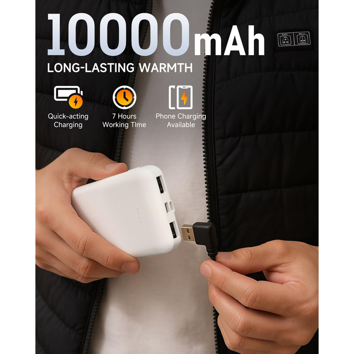 LABCOOL Тепла жилетка з підігрівом - чоловіча та жіноча жилетка з USB-підігрівом та акумулятором 10000mAh - 6-зонний підігрів з 3 рівнями температури - можна прати в пральній машині, чорний L