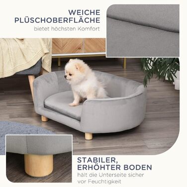 PawHut Софа для домашніх тварин: ліжко для собак та котів з голландського оксамиту, піна, ніжки з берези, 86 x 55 x 33 см, світло-сіра