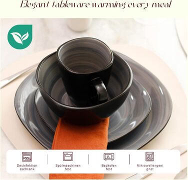 Набір посуду HomeVss Sonoma 16 предметів, кераміка, чорний з крапками, квадратний сірий