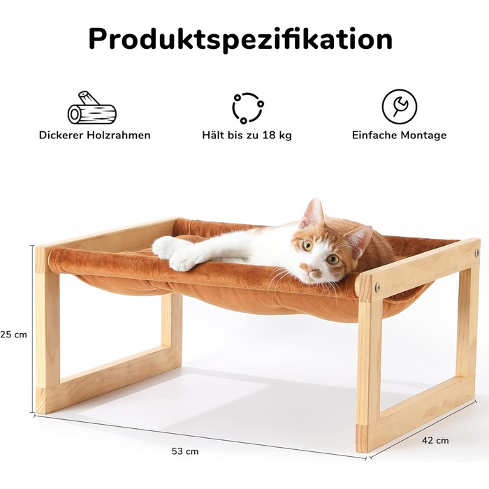 Cat bed and dog bed, elevated, large, and breathable, made of high-quality birch plywood, 53W x 42L x 25H cm - ideal for cats and small dogs (Brown color)