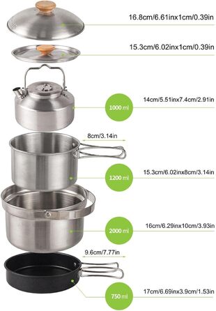 Набір кухонного посуду Pomurom Outdoor: нержавіюча сталь, для кемпінгу, пікніків та походів. Включає каструлю, чайник, набір посуду та сумку для зберігання