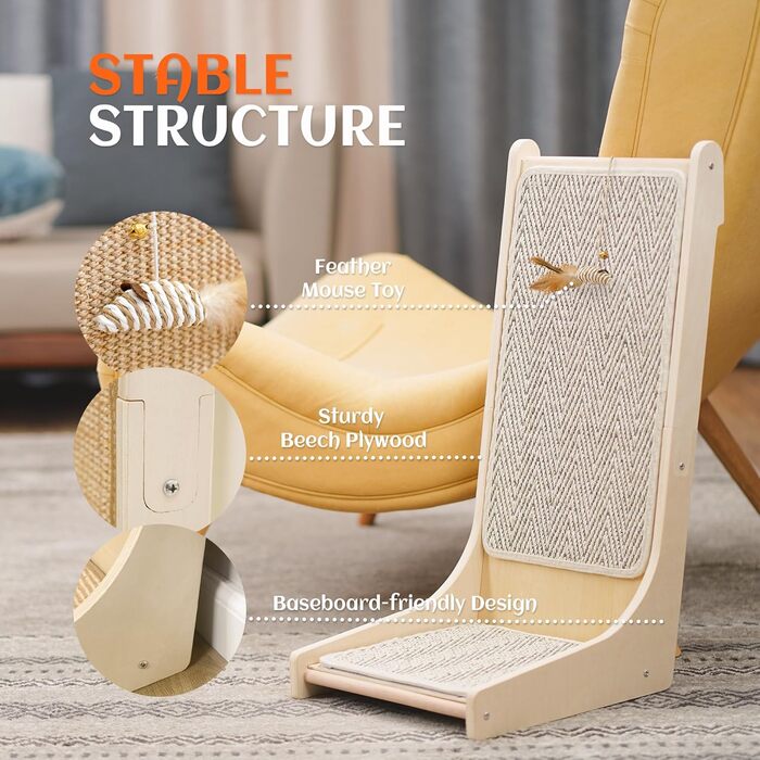 Котячий когтетоп PETKARAY L-подібний, 68 см, з сизалю, для стін та кутів, з котячою м'ятою та іграшкою