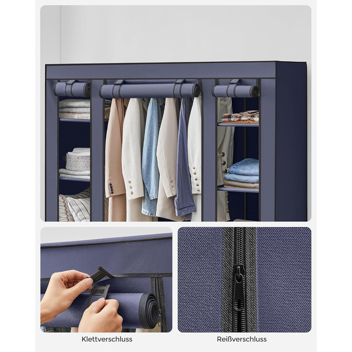 SONGMICS Clothes Closet, Fabric Closet, with Clothes Rod and Shelves, Fabric Cover, for Bedroom, Dressing Room, 150 x 45 x 175 cm, LSF03H (Navy Blue)
