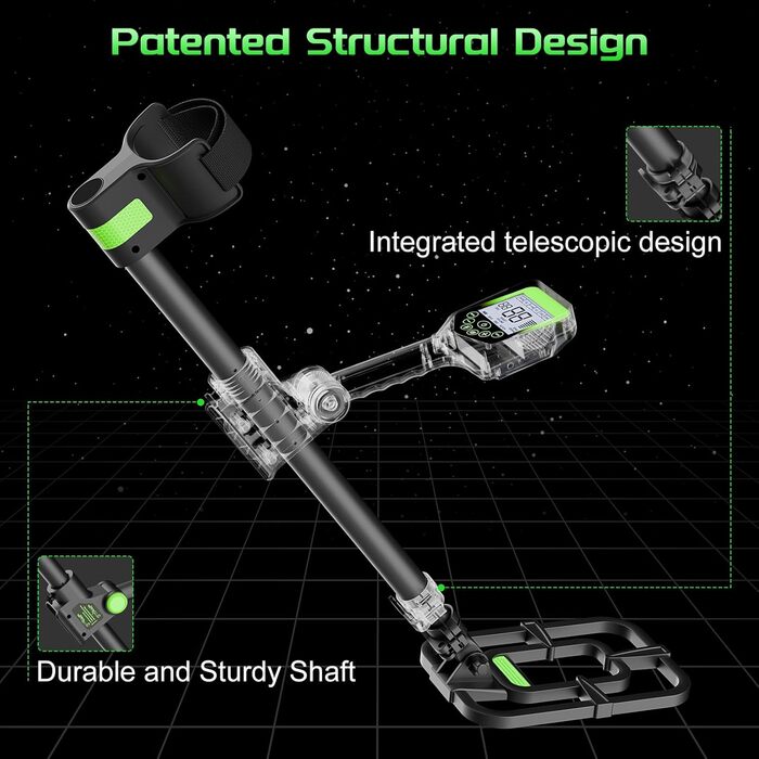 Металошукач професійний для дорослих - акумуляторний, з лопатою, рюкзаком, навушниками, піпоінтером, складна конструкція, водонепроникна котушка, синій/зелений