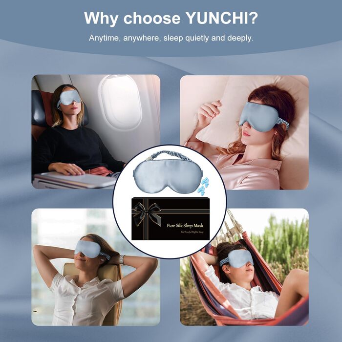 Маска для сну YUNCHI з 100% шовку (19 momme) - комфортна шовкова маска для очей для жінок та чоловіків, блакитний колір