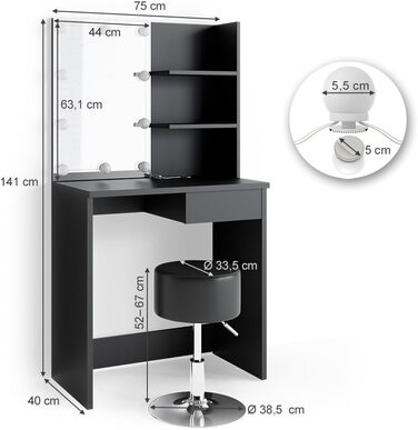 Vicco Vanity Table Decor, Black, 75 cm with LED Lighting and Stool