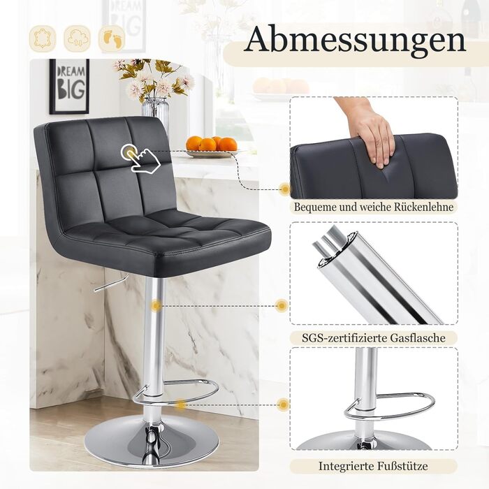 DUMOS Set of 2 Adjustable Bar Stools - Modern Style, Metal Legs, Kitchen Bar Stools with Backrest - for Bar, Kitchen & Living Room (White & Black)