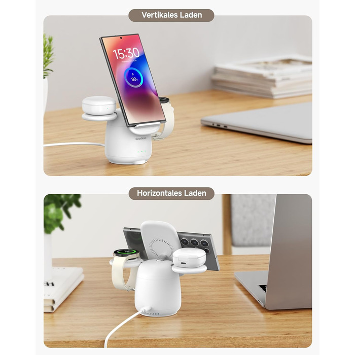 Бездротова зарядка SwanScout 3-в-1 для Samsung Galaxy S25 Ultra, S24, S23, Z Flip 7, Z Fold 7, Galaxy Watch 8/Ultra/7/6/5, Buds (без адаптера) біла