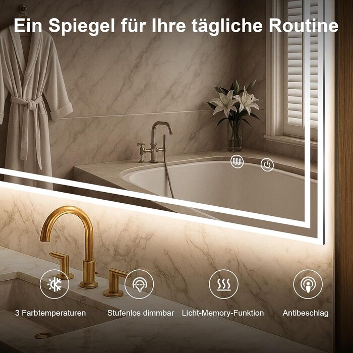 Дзеркало для ванної кімнати зі підсвічуванням 70x50 см, сенсорне керування, протизапітніння, 3 кольори світла, регулювання яскравості