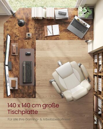 Кутовий письмовий стіл VASAGLE L-подібний комп'ютерний стіл, 140 x 140 x 74,7 см, вінтажний коричневий та чорний