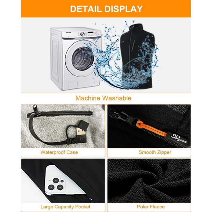 Тепла флісова жилетка Telguua з підігрівом для чоловіків з Powerbank 5V 10000mAh, 6 зон нагріву, 3 рівні температури, керування 2 зонами, для кемпінгу, піших прогулянок, сноубордингу, чорна