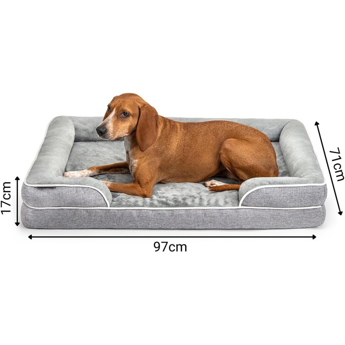 Ортопедичне ліжко для собак Lionto з піднятим бортиком, 97x71x17 см, м'який фланелевий килимок, знімний та пральний чохол, неслизьке, для собак та котів, сірий