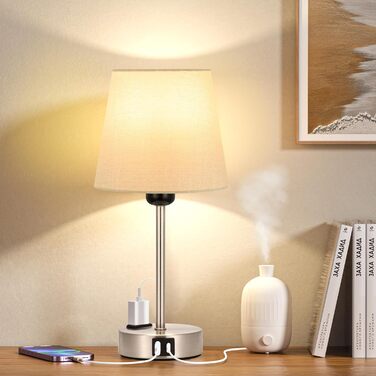 Настільна лампа Kakanuo з торшетом, 2 шт., з USB-портами та диммуванням, для спальні, вітальні, дитячої кімнати, офісу, тканинний абажур, колір: сірий-сріблястий