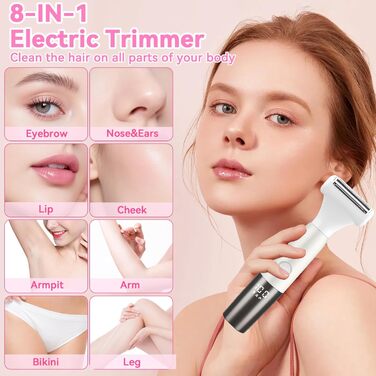 Електричний жіночий тример YGVQN 8-в-1 для тіла: бікіні, ноги, обличчя, брови, ніс. LED дисплей, водонепроникність IPX7, USB-зарядка.