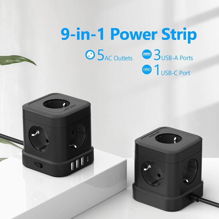 Сетевой фильтр JSVER Cube 5-fach с USB, 2м кабель, белый/черный. 3680W, 16A, 4 USB зарядки (17W) для офиса, дома, в дорогу.