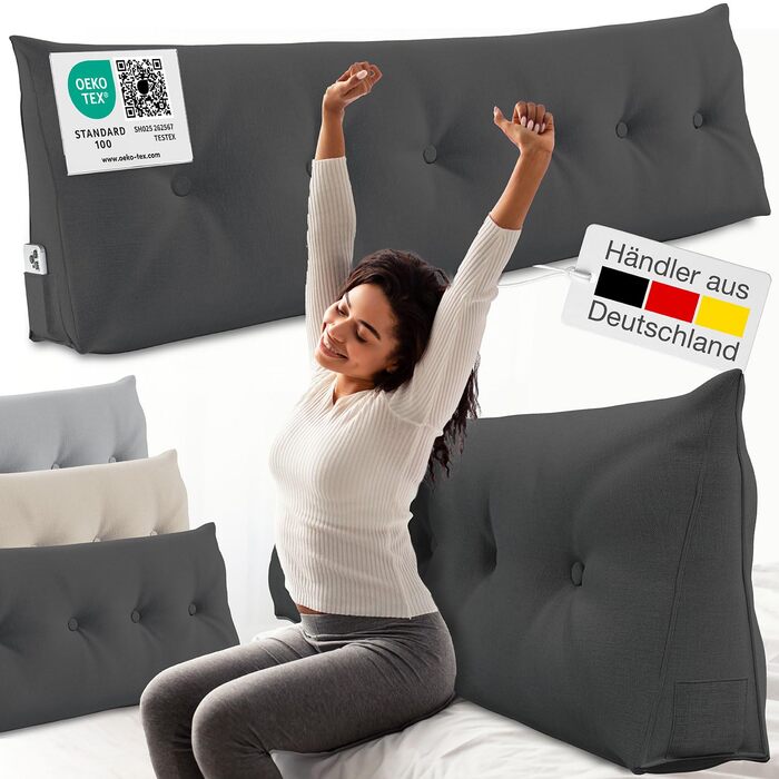 Підголовник для спини ELONEO, широкий, клиновий для ліжка та дивана, трикутна подушка для читання, знімний та пральний чохол, з практичною бічною кишенею (Антрацит, 160 см)