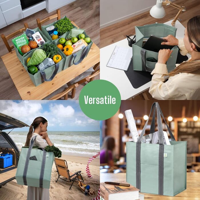 VENO 34 Liter Large Shopping Bag Foldable with Sturdy Bottom and Front Pocket, Reusable Shopping Bags Water-Repellent Tote Bag Shopping Basket for Shopping Picnic (Light Green, 4-Pack)