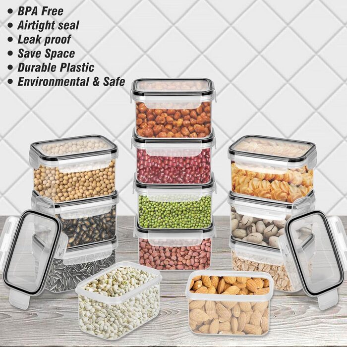 12 контейнерів для зберігання продуктів, герметичні, BPA-free, PP, з замком, 0.8л (Чорний) + 32 етикетки та маркер