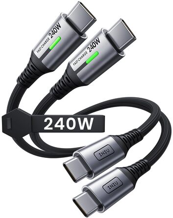 Кабель USB-C 240W, 2 шт. по 2м, PD, швидка зарядка, нейлон, з LED-підсвічуванням, чорний. Сумісний з iPhone, Samsung, Pixel, iPad, MacBook
