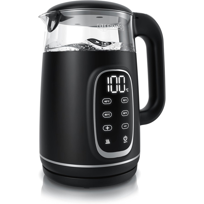 Електричний чайник Arendo зі скляною колбою, регулюванням температури, нержавіючою сталлю, подвійними стінками (Cool Touch), дисплеєм, бездротовим підключенням, 2200 Вт, 1,7 л, захистом від перегріву, функцією підтримання тепла, чорний