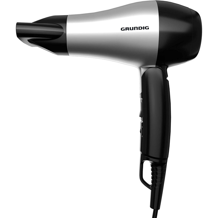 Компактний дорожній фен Grundig HD 2200 Sport & Reise, 1200 Вт, 2 режими температури та швидкості, складана ручка, сріблясто-чорний