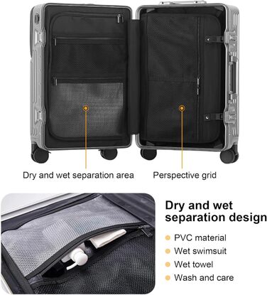 Чемодан ручної поклажі для весни/літа, сертифікований для авіаперевезень, з TSA-замком, 360° колесами, PC-корпусом та міцним алюмінієвим каркасом, підходить для розмірів 20'', 24'' та 26''. (20'', Срібло) Срібло 20‘’