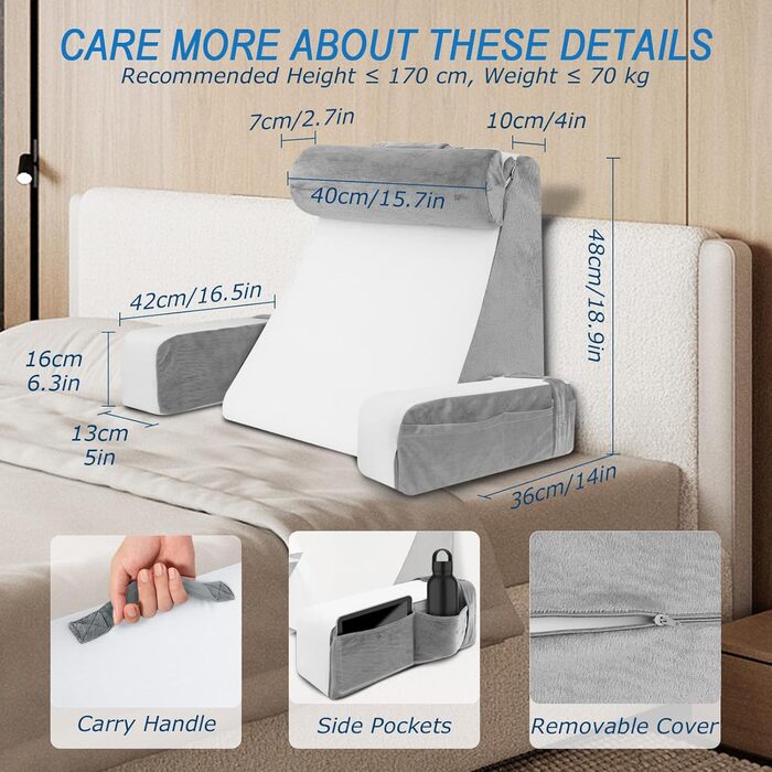 HOMCA Подушка для читання та відпочинку в ліжко та на диван з знімною подушкою для шиї та підлокітником, подушка для спини, подушка для стіни, багатофункціональна подушка-клинок для читання, роботи, перегляду телевізора (36x40x48 см)