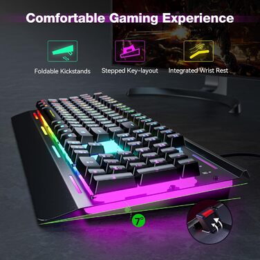TECKNET RGB ігрова клавіатура для ПК, мембранна, 105 клавіш, повнорозмірна металева панель, підставка для зап'ястя, 15 зон RGB підсвічування, 25 антиблінгувальних клавіш, QWERTY (американська)