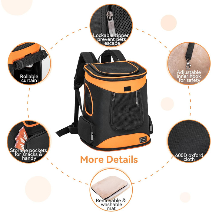 Рюкзак для кота та собаки Petsfit - зручний та дихаючий, до 5 кг, з сіткою та ременем, чорний та помаранчевий