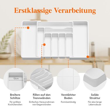 Органайзер для столових приборів Lifewit в шухляду, розсувний, пластиковий, білий 33-57 x 38 x 5 см