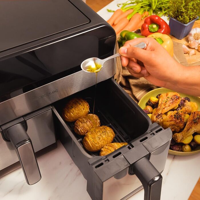 Cecotec Digital Hot Air Fryer with 9L - Cecofry Advance 9000 Inox Air Fryer. 2800W, 2 Containers, 4.5L, Dual Temperature, adjustable from 80-200 ºC, 7 Programs, Multifunctional Touch Panel Dark Stainless Steel 2 Baskets 4.5 Liters