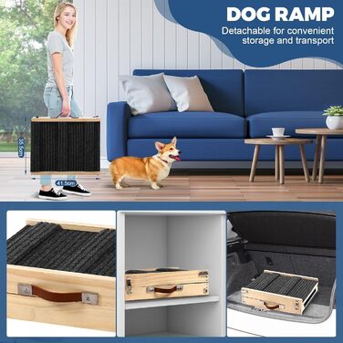 Складана дерев'яна пандус для собак – для ліжка, дивана, авто. Регульована висота 25-52 см, довжина 83 см, ширина 35 см, антиковзка поверхня