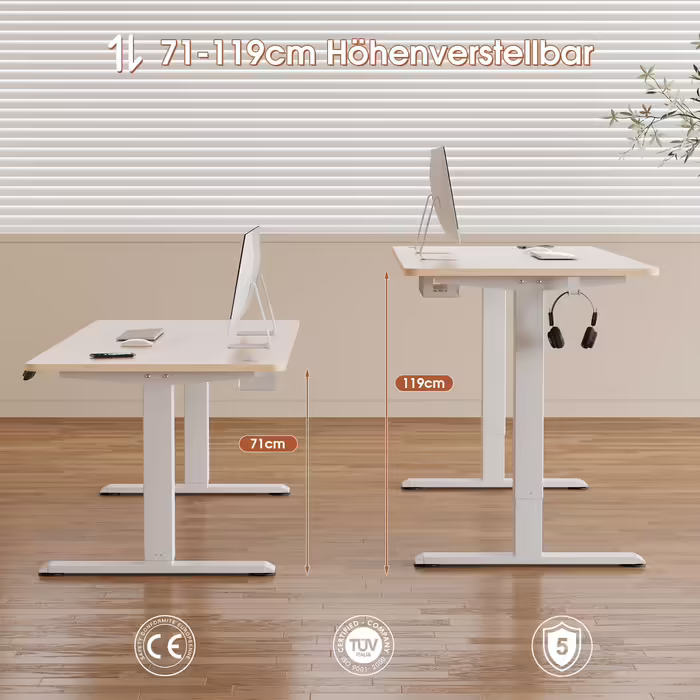 JUMMICO Height-Adjustable Desk 140x60cm, Standing Desk (71-119cm), Electric Height-Adjustable Desk with 2-Memory Control and Anti-Collision Function (Beige) Beige 140 x 60 cm
