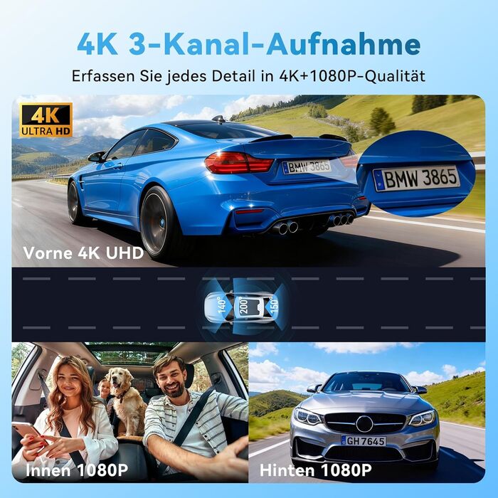 Автомобільний відеореєстратор 4K/1080P 4-канальний (передній, задній, внутрішні) з SD-картою 64ГБ, 3