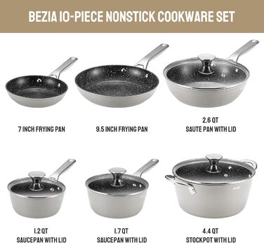 Набір каструль та сковорідок BEZIA, 10 шт., з антипригарним покриттям, сумісний з усіма плитами, сірий