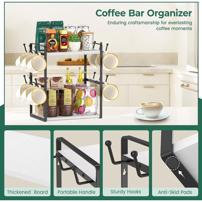 EsLuker.ly 2-Tier Mug Holder and Cup Stand, Mug Shelf for Coffee Cups, Coffee Organizer for Countertop, Coffee Station Organizer with Mug Holder, Vintage Brown-Black (14.4