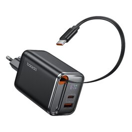Зарядний пристрій USB-C toocki GaN 67W з LED дисплеєм та вбудованим кабелем для MacBook, iPhone 17 Pro Max, Samsung Galaxy S24 Ultra/S23, Nintendo Switch, ноутбуків та смартфонів - Чорний