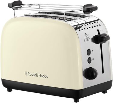 Тостер Russell Hobbs Colours Plus, 2 скибки, нержавіюча сталь, кремовий, широкі відсіки, підставка для булочок, 6 режимів підсмажування, функція розморожування, Lift & Look, 1600 Вт
