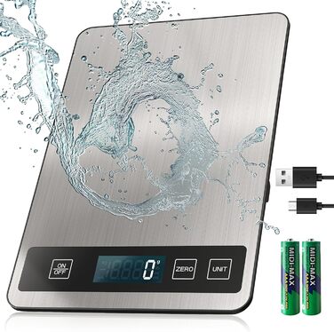 Кухонні ваги цифрові, USB-C, 15 кг, точність 1 г, харчові, професійні, срібні