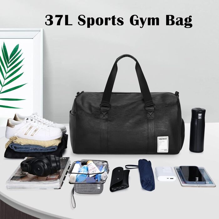 UBAYMAX Leather Sports Bag for Men, Travel Bag with Shoe Compartment and Wet Compartment, 37L Weekender Bag Carry-on Bag Training Bag Fitness Bag, Gym Bag Black