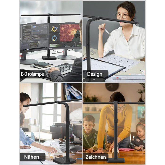 Tantu Adjustable LED Desk Lamp with Dual Heads - 24W, 80cm, 5 Color & 5 Brightness Levels, Gooseneck & Base - Black Office Lamp