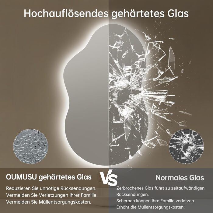 Дзеркало для ванної кімнати з підсвічуванням, без рами, 50x75 см, арочне, антизапар, сенсорний вимикач, регульована яскравість, 3 кольори світла