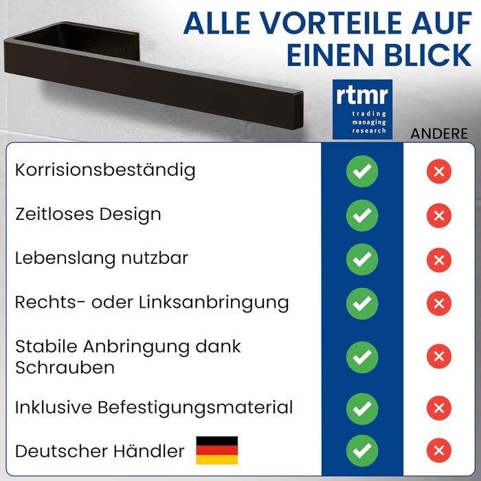 Тримач для рушників RTM R на стіну, з алюмінію, чорний матовий, 32 см