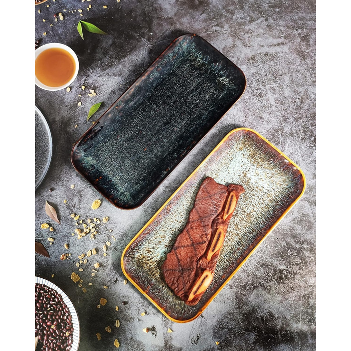 Набір тарілок Ya JU Keramik 4 шт. для основних страв, стеку, пасти, різотто, закусок. Підходять для мікрохвильової печі, духовки та мийки посуду. Колір: коричневий, прямокутна форма.